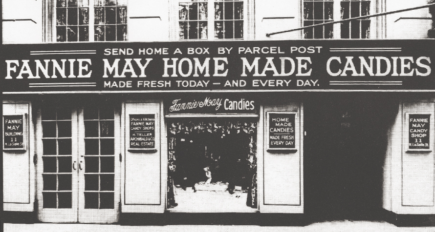 Black and white photo of the first Fannie May retail store.